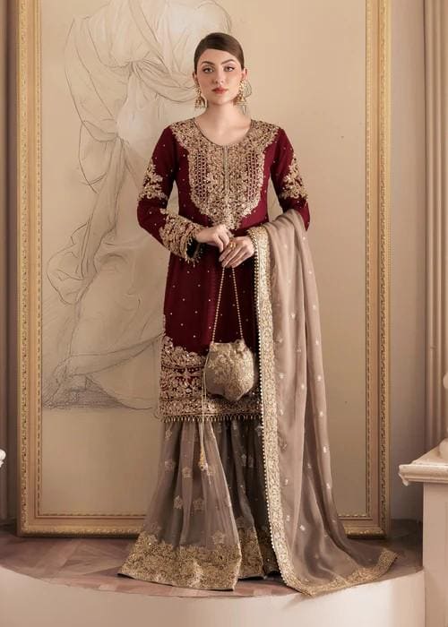 green emerald velvet dress Leilyn-Traditional Bridal Gold Tissue Gown with Maroon Chiffon Dupatta –  Pakistani Moda main image 1