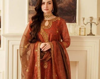 4 Piece Khaadi Silk Farshi Shalwar Suit - With Potli Bag