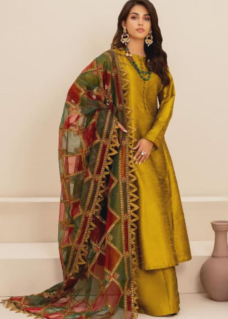 Marigold Raw Silk Palazzo Suit With Embroidered Organza Dupatta ...