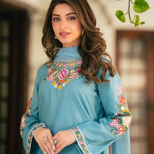3 Piece Embroidered Lawn Shalwar Suit - Sky Blue