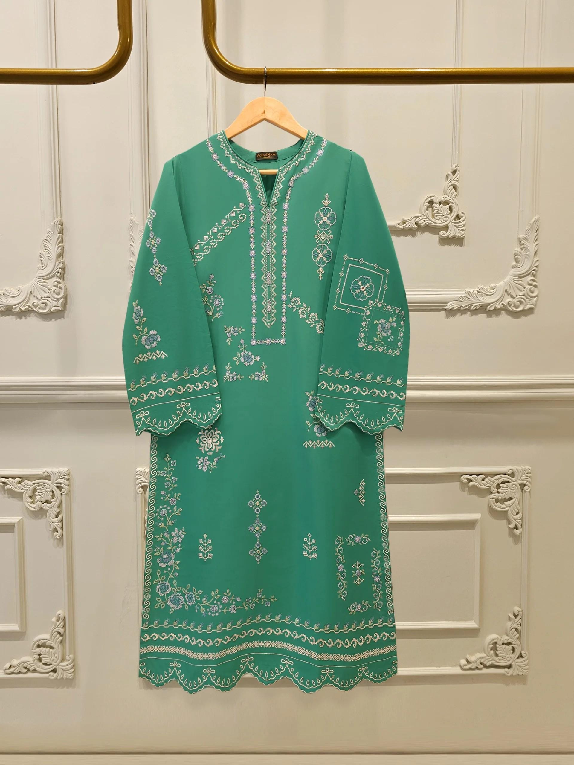 agha noor green dress Embroidered Lawn Suit (XL) - agha noor fancy dresses