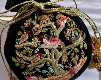 Beautiful Handmade Velvet Potli Bag for Weddings and Parties - Chamki and Zari Embroidery