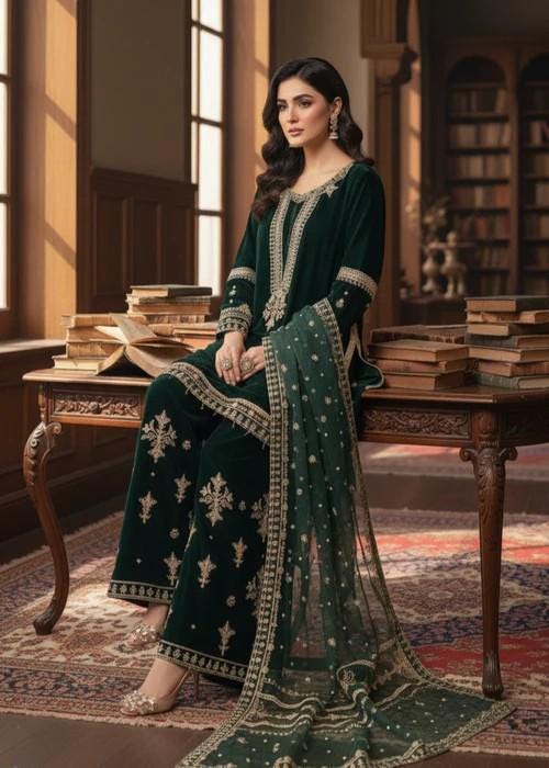 green emerald velvet dress Bottle Green Pakistani Dress with Embroidery Online 2022 – Nameera by Farooq main image 0