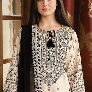 3 piece - Embroidered Lawn Suit with Chiffon Dupatta- Size ( L, XL) - Top, Bottom & Dupatta