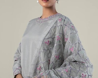 Maria.B - 3 Piece  - Size XL Embroidered Raw Silk Suit