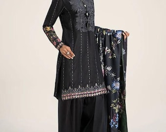 Maria.B - Farshi Shalwar Suit - 3 Piece Embroidered Linen Suit  (Medium, Large) - Black