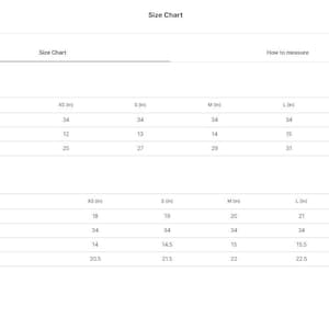 May include: A white size chart for trousers and shirts, with measurements in inches. The chart includes sizes XS to XL, detailing length, thigh, waist, chest, shoulder, and sleeve length.