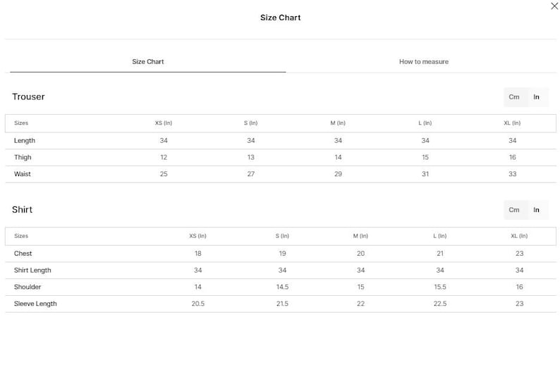 May include: A white size chart for trousers and shirts, with measurements in inches. The chart includes sizes XS to XL, detailing length, thigh, waist, chest, shoulder, and sleeve length.