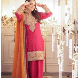 3 Piece Golden Embroidered Farshi Shalwar Chiffon and Raw Silk Suit image 2
