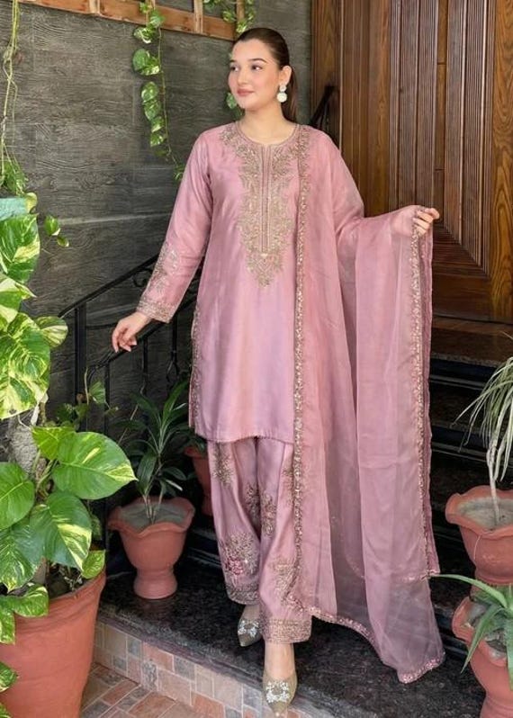 Embroidered Silk Farshi Shalwar Suit with Organza Dupatta - 3 Piece - Mauve Pink