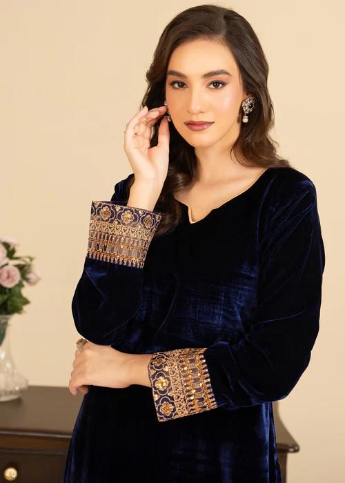 green emerald velvet dress Unique Velvet Navy Blue Palestinian Thobe Dress with Pastel Colors Embroidery 42/(L)
