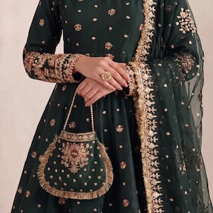 4 Piece Embroidered Silk Palazzo Pishwas w/ Potli Bag - Dark Green