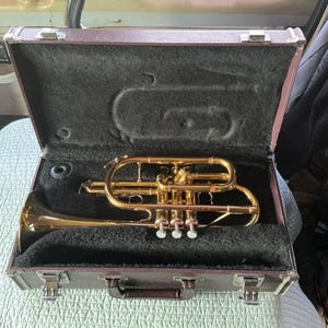 May include: A gold-colored cornet rests inside an open brown case with a black interior. The cornet has three white valves and a curved design. The case is rectangular with metal clasps and a handle.