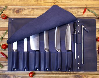 Leather knife roll Knife case Chef knife roll Case knife Knife bag Chefs Blue Roll Tool Roll Leather Roll for six knives Chef Bag