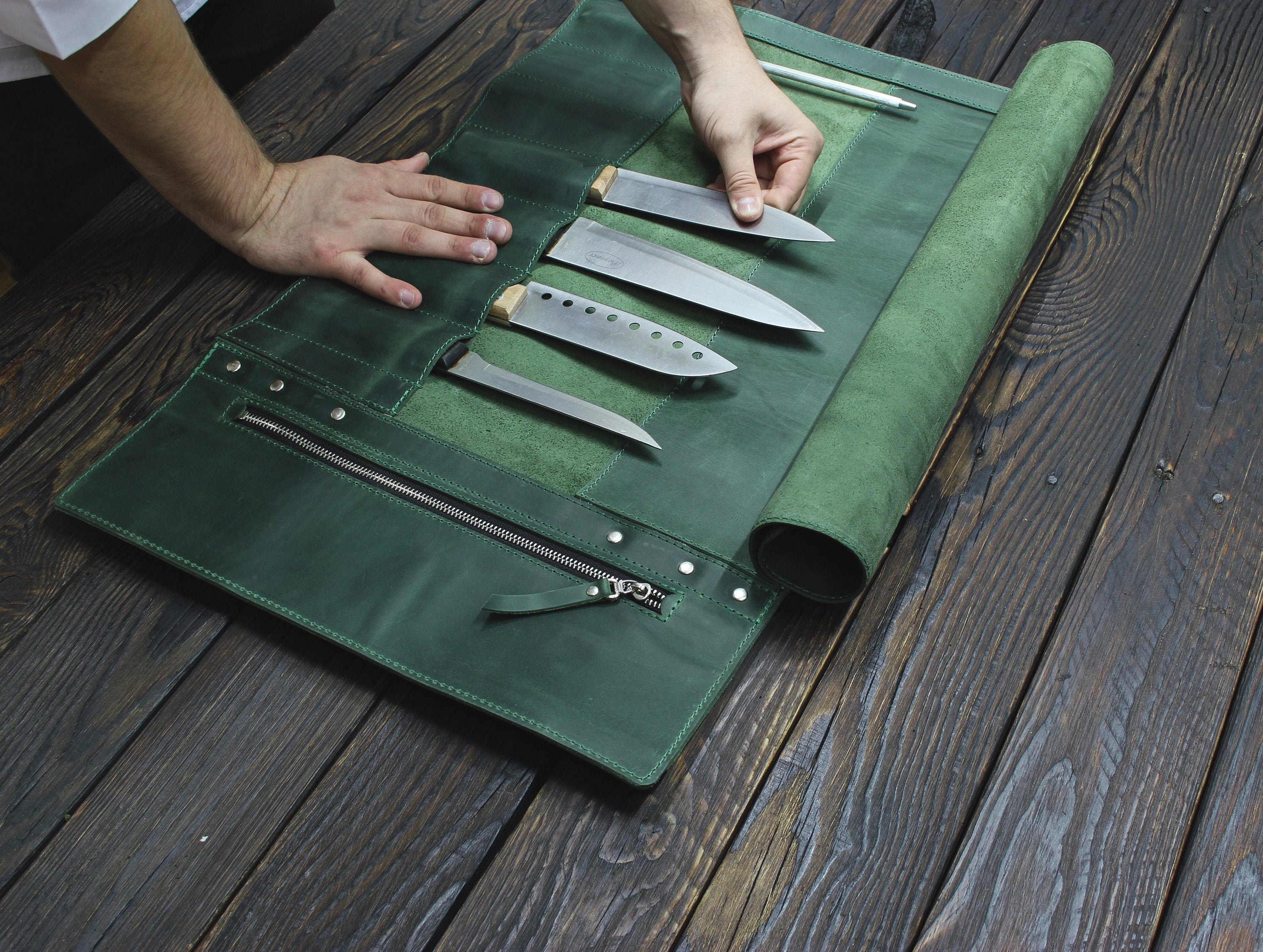 Green Knife Roll Leather Chef Knife Roll Tooll Roll Etsy