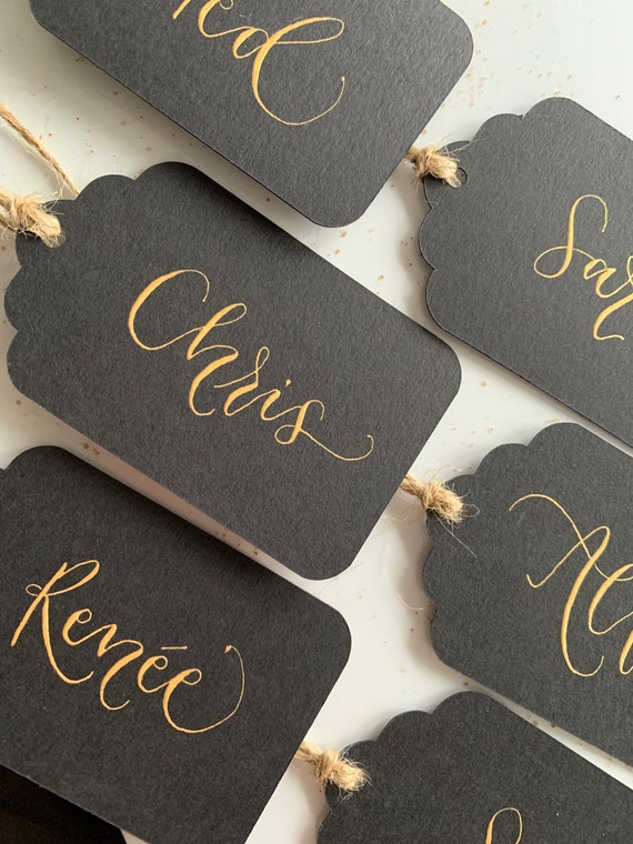 Personalised black gift tag with gold hand lettered modern calligraphy