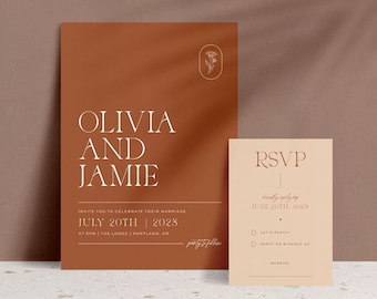 May include: A terracotta-colored wedding invitation with white text announcing the marriage of Olivia and Jamie. The invitation includes the date, time, and location of the wedding. A separate RSVP card is included with a peach background and brown text.