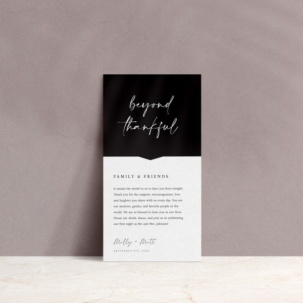 Printed Wedding Table Thank You Card: Customizable Place Setting