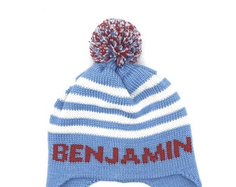 Personalized Toddler Hat with Ear Flap, Winter Baby Hat with Name, Custom Knitted Hat Beanie, Monogram Hat with Stripes  for Boys and Girls