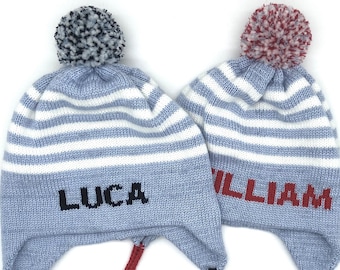Personalized Toddler Hat with Ear Flap, Winter Baby Hat with Name, Custom Knitted Hat Beanie, Monogram Hat with Stripes  for Boys and Girls