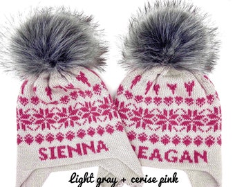 Knitted Baby Girl Winter Hat, Girl Winter Hat with Name, Personalized Kids Hat,Knitted  Ear Flap Hat,Snowflakes Hat,Baby Hat with Name