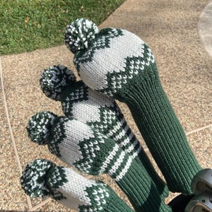 Custom Knitted Golf Club Head Covers with Pom Poms or Tassels, Driver Headcover, Fairway Wood Club Head Cover, Hybrid Cover