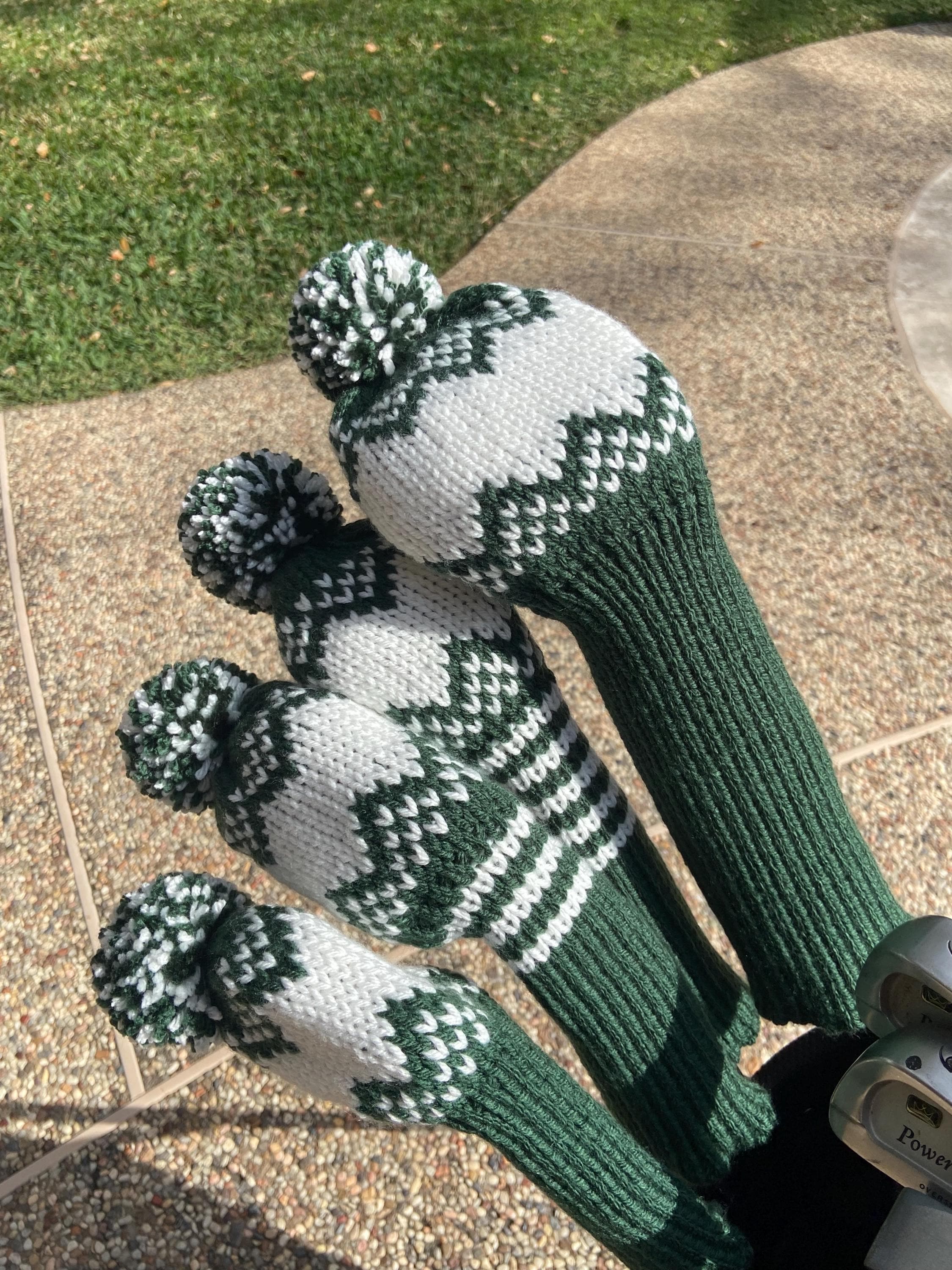 Custom Knitted Golf Club Head Covers with Pom Poms or Tassels, Driver Headcover, Fairway Wood Club Head Cover, Hybrid Cover