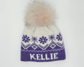 Custom Knit Beanie, Knitted Name Hat Kids, Baby Girl Winter Hat with Faux Fur Pom Pom , Personalized Winter Hat Toddler