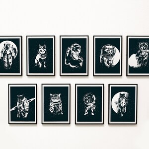 May include: A collection of nine black and white illustrations of cats and dogs dressed as astronauts. Each illustration is framed in a black frame and is set against a white wall.