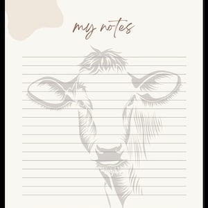 May include: A printable lined notebook page with a cow illustration and the text "my notes" at the top. The page has two blank boxes at the bottom.