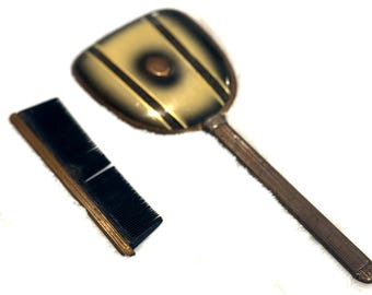 Espejo de mano y peine de latón vintage – Elegante decoración de tocador