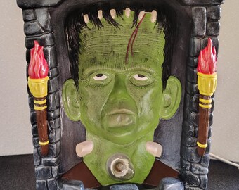 Halloween Frankenstein light up face, Hand Painted Ceramic