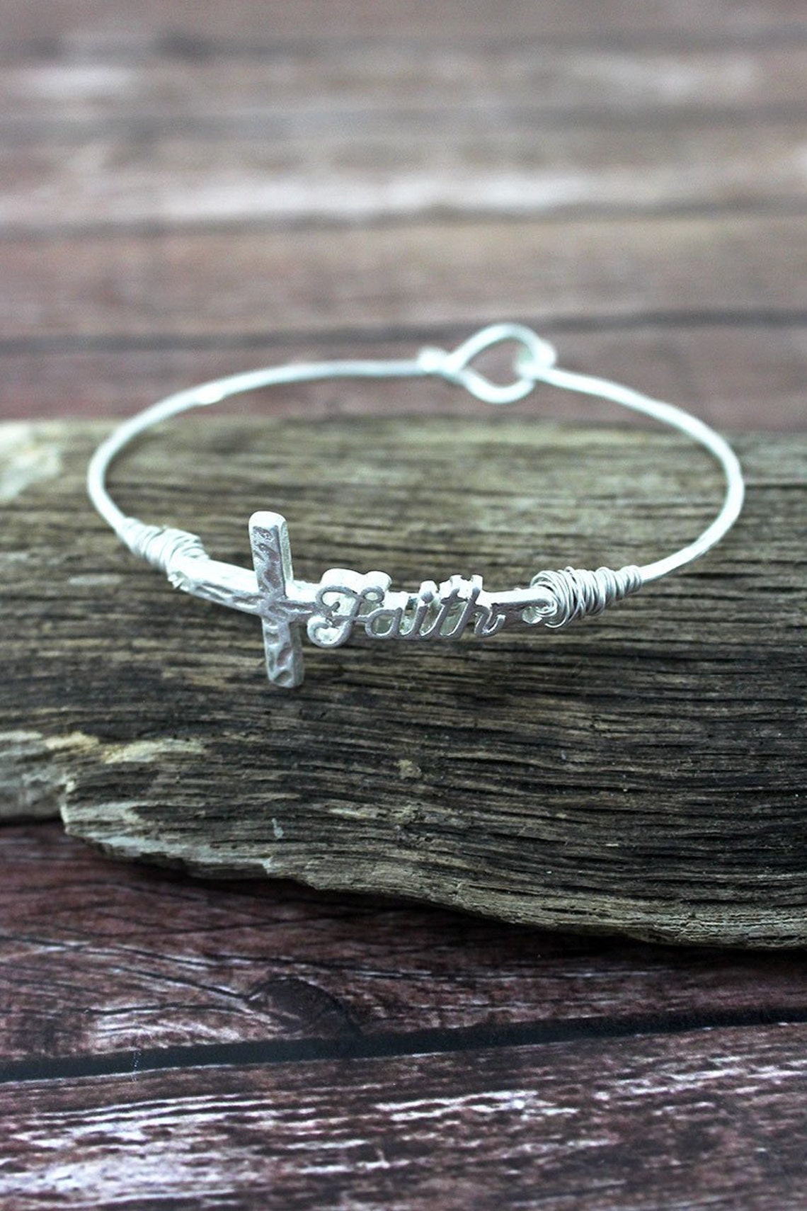 Worn Silvertone Faith script cross Bangle Etsy