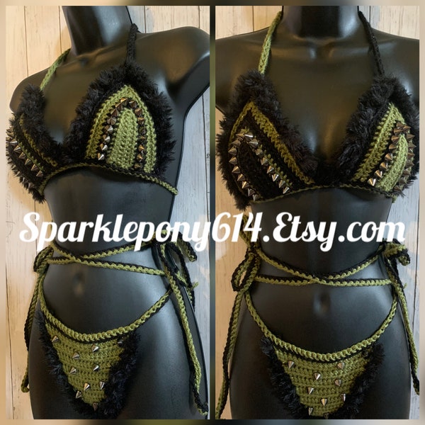 Alternative Green Crochet Bikini Rave Dance Wear-Small