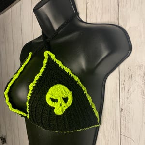 Black Green Crochet Bikini Thong Rave Skull Skirt Set Goth Glow in the Dark