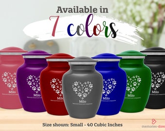 Engraved Pawprint Heart Pet Cremation Urn - 7 Colors, Four Sizes