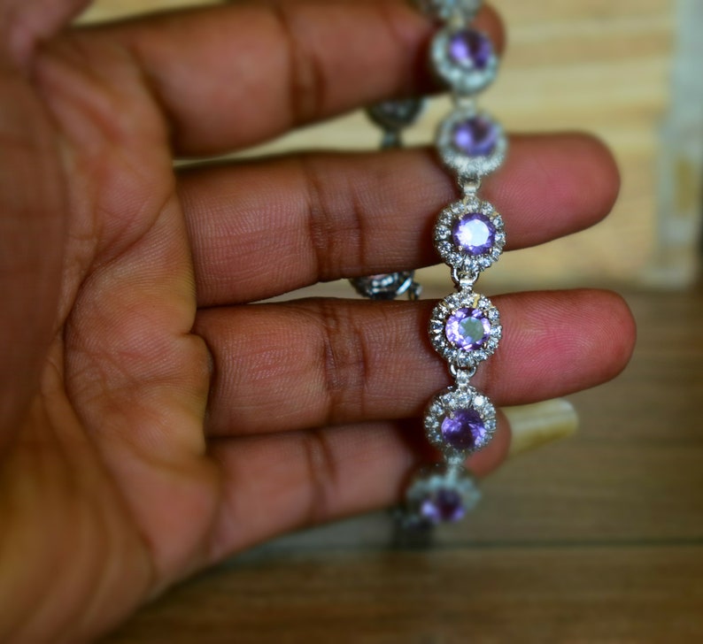 Purple Stone Bracelets Natural Amethyst Bracelets C.Z Bracelets Natural Amethyst 5mm Round Faceted Silver Bracelet With C.Z Studded