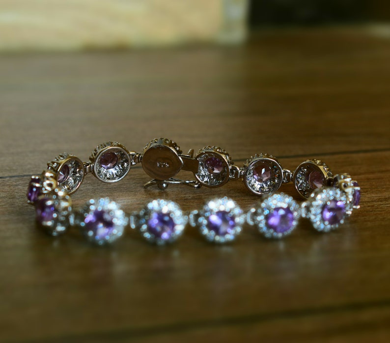 Purple Stone Bracelets Natural Amethyst Bracelets C.Z Bracelets Natural Amethyst 5mm Round Faceted Silver Bracelet With C.Z Studded