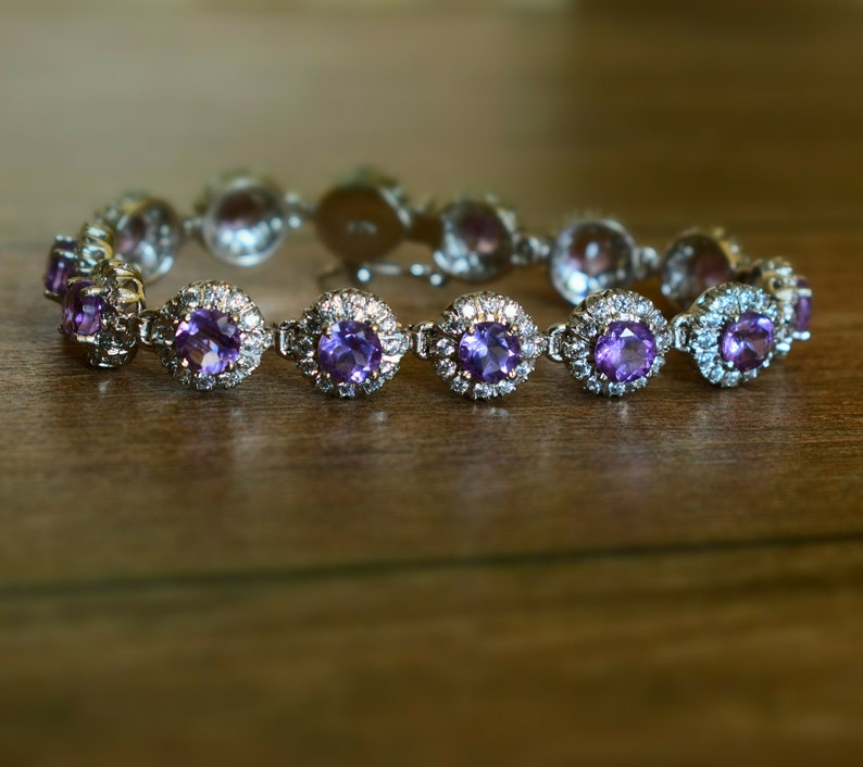 Purple Stone Bracelets Natural Amethyst Bracelets C.Z Bracelets Natural Amethyst 5mm Round Faceted Silver Bracelet With C.Z Studded