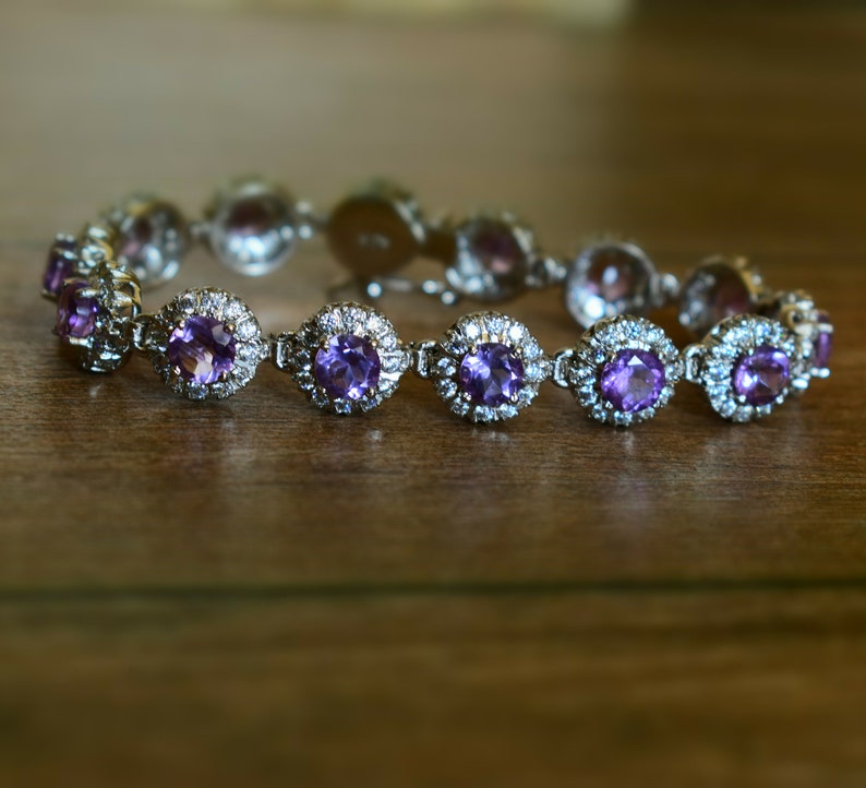 Purple Stone Bracelets Natural Amethyst Bracelets C.Z Bracelets Natural Amethyst 5mm Round Faceted Silver Bracelet With C.Z Studded