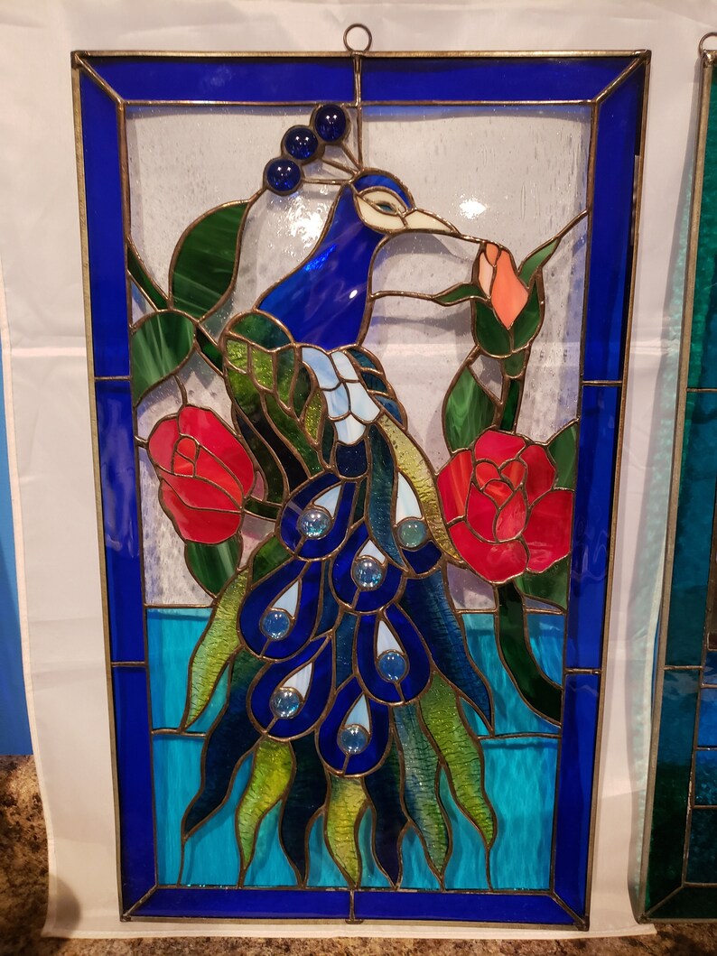 Stained Glass RV Door Window Peacock With Roses RV Stained Etsy