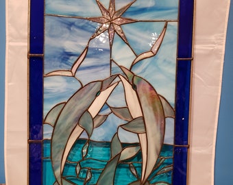 Private Listing - Stained Glass RV Door Window-Dolphins with Star -iridescent glass -RV Stained Glass Door Window-RV Window-Camper Window