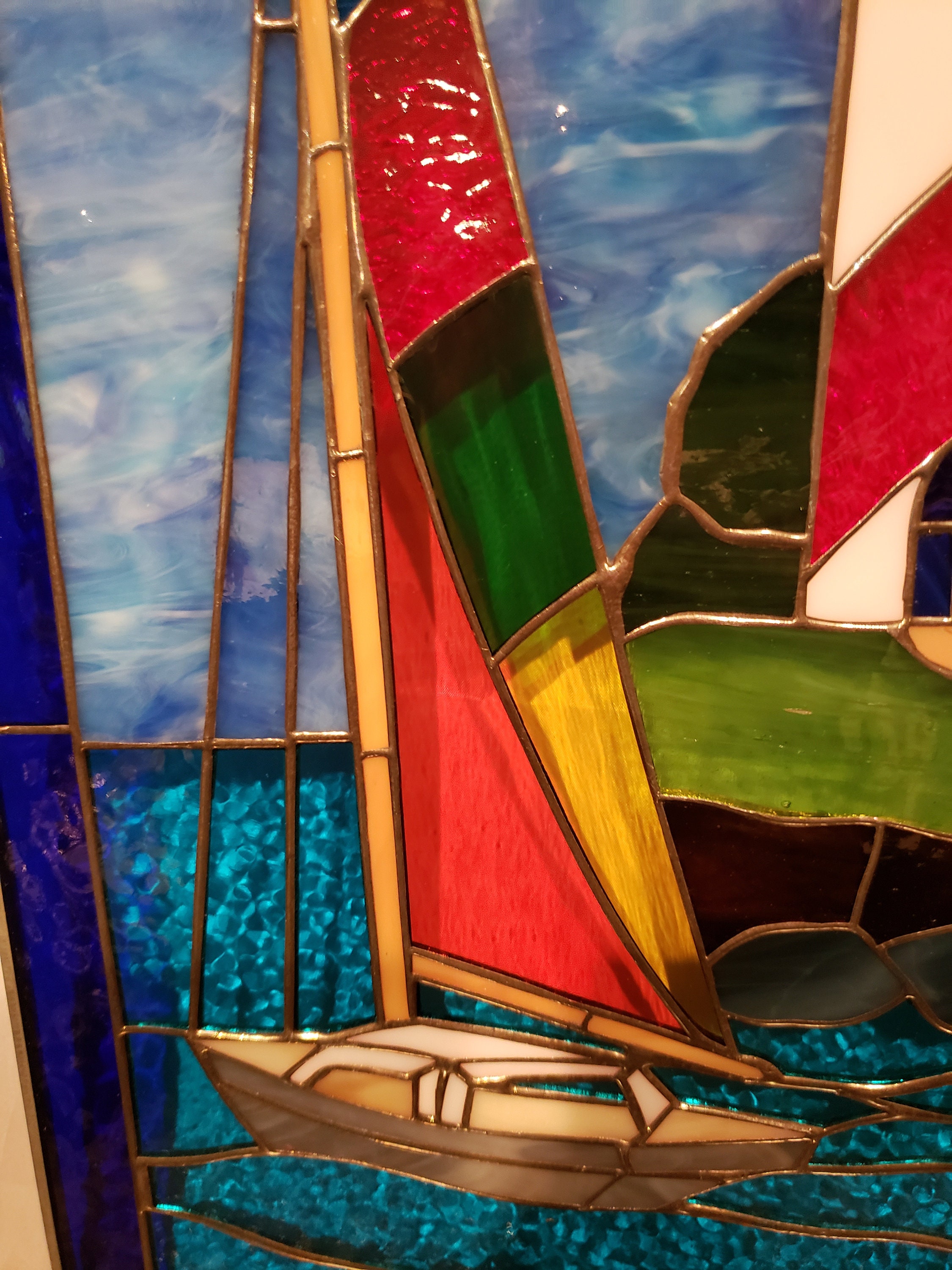 Stained Glass RV Door Window Red Stripped Lighthouse with a Etsy