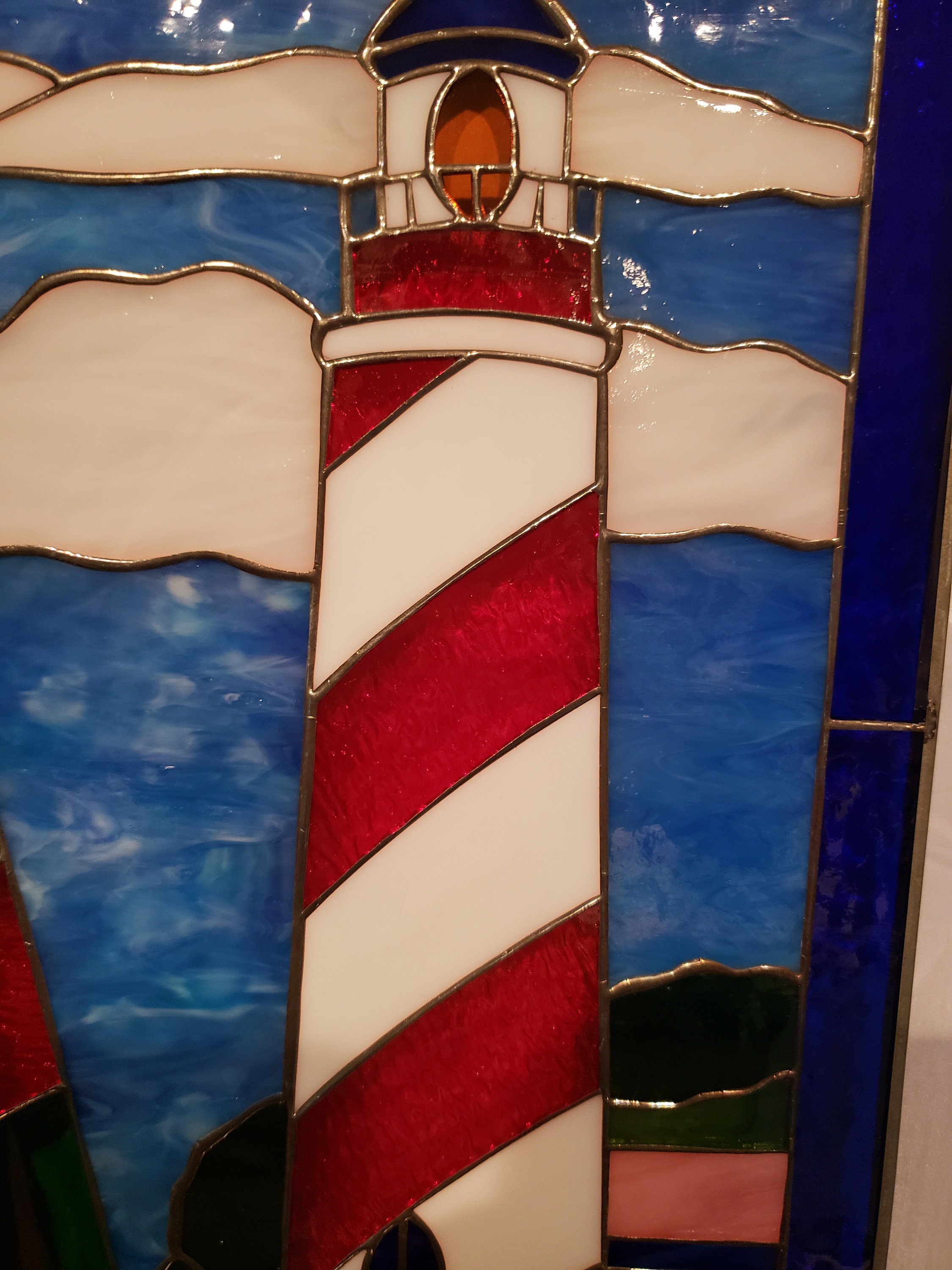 Stained Glass RV Door Window Red Stripped Lighthouse with a Etsy