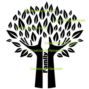 Puede incluir: Gráfico de árbol en blanco y negro con la palabra "Family" en el centro del tronco. El árbol tiene hojas y brazos extendidos. El texto "CreationsByTamaraH" se repite alrededor de la imagen.