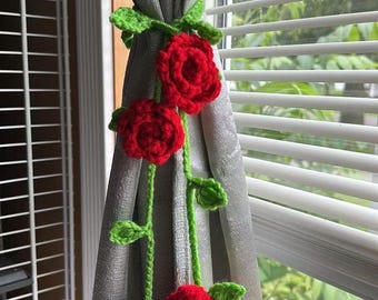 Crochet Rose Curtain Tie Back | Handmade Floral Curtain Holder | Cottagecore Window Decor | Red Rose Curtain Tie | Boho Home Decoration