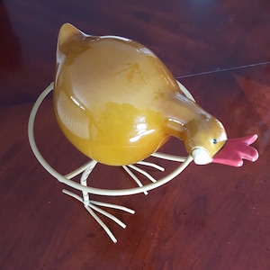 Vintage Signed Ceramic Chicken on Wire Leg Stand