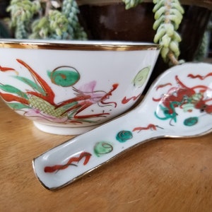Vintage Hand Painted Porcelain Rice Bowl with Spoon, Hand Painted Dragon Soup Bowl and Spoon Made in China, Phoenix Chinese Porcelain Set
