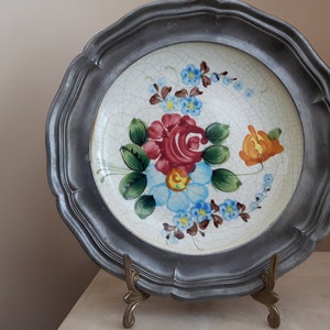 vintage Bassano Crackle Glaze Plate in Pewter Frame Porcelain Wall Hanging Bowl Bassano Italy