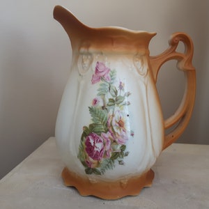 Antique Bavarian Milk Pitcher, Ceramic Floral Pitcher, Rust Brown Porcelain Pitcher with Flower Decoration